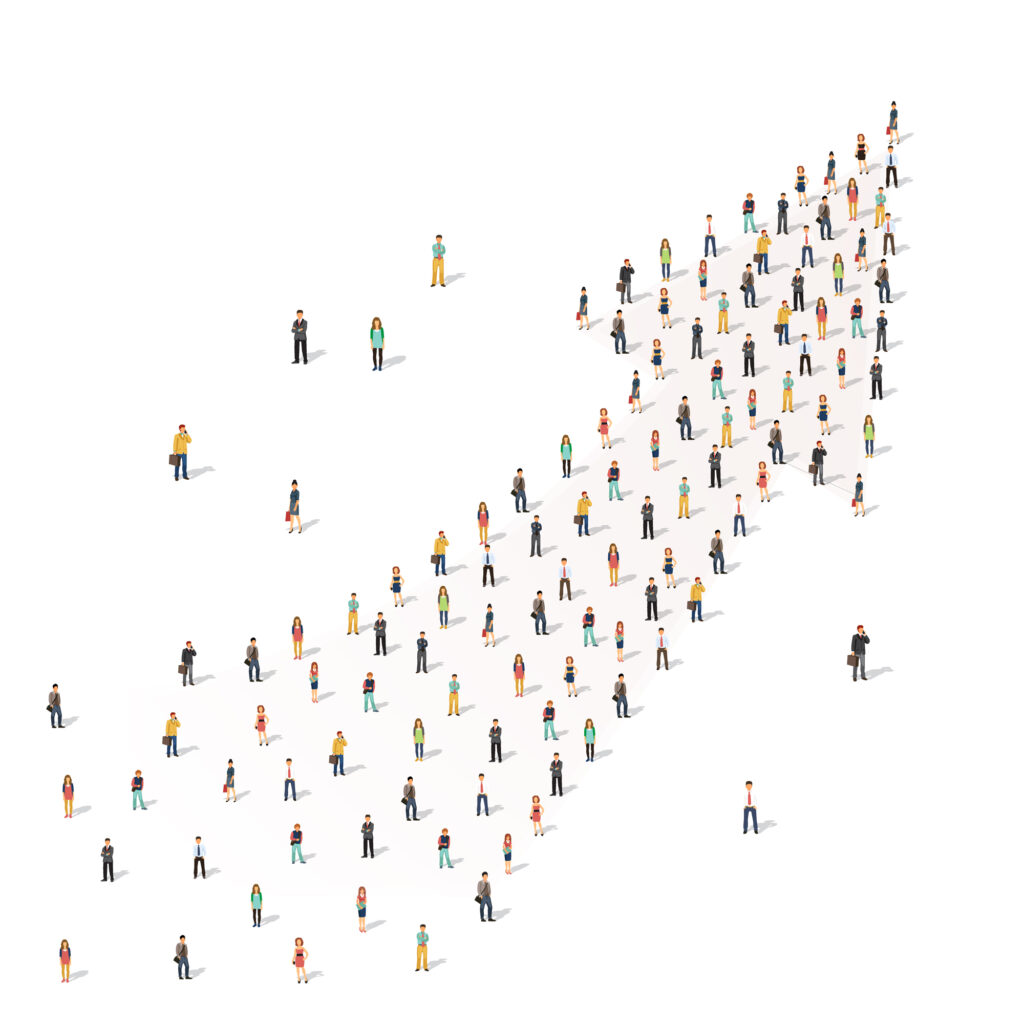 People standing together in shape of an arrow